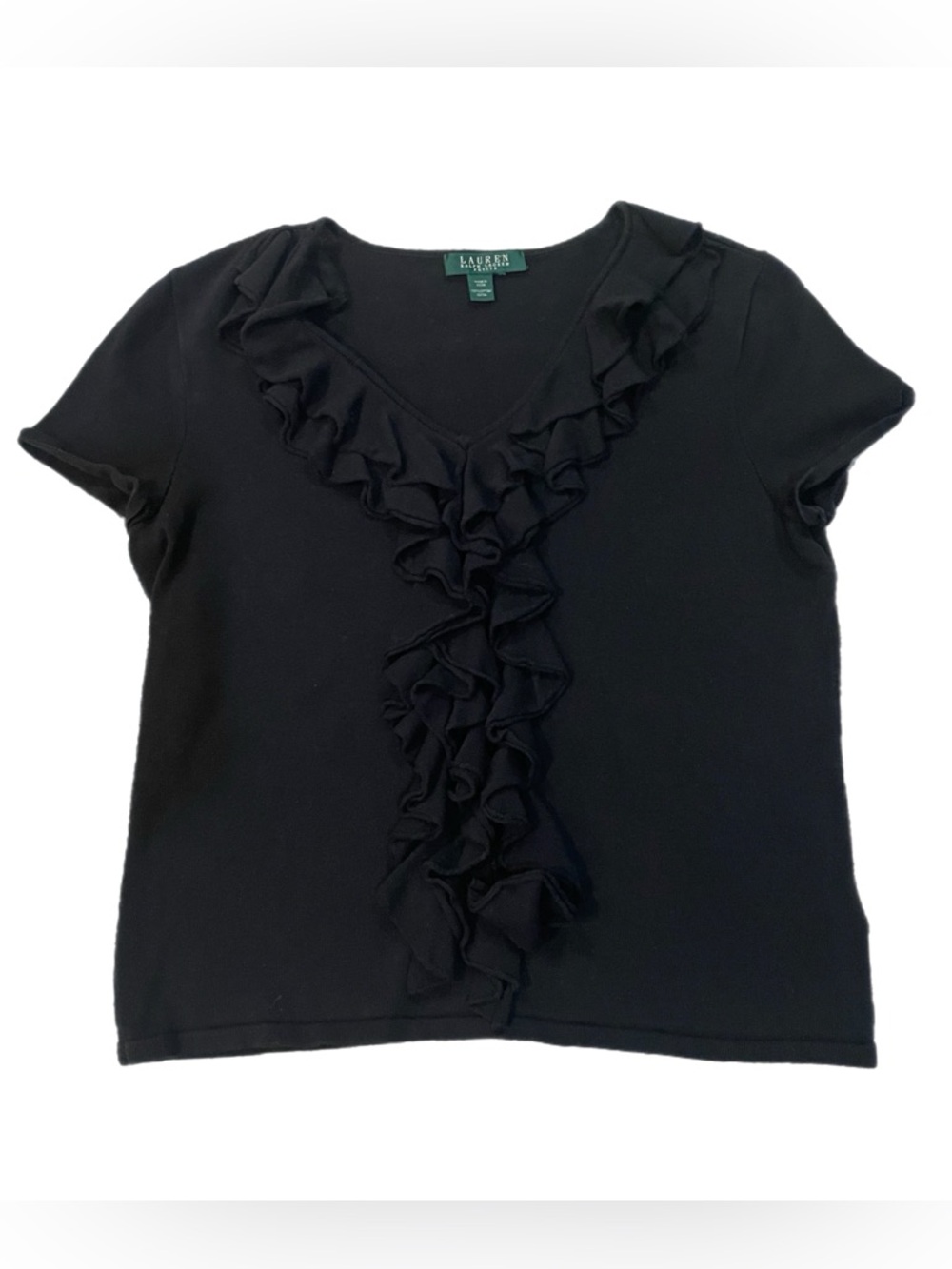 Womens Ralph Lauren Black Ruffle Cotton Top Old Money Quiet Luxury Petite M